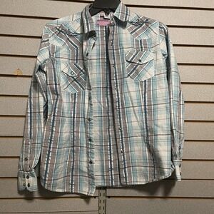 Ransom Ranch L  long sleeve Pearl SnapWestern shirt Plaid Rhinestones Embroidery